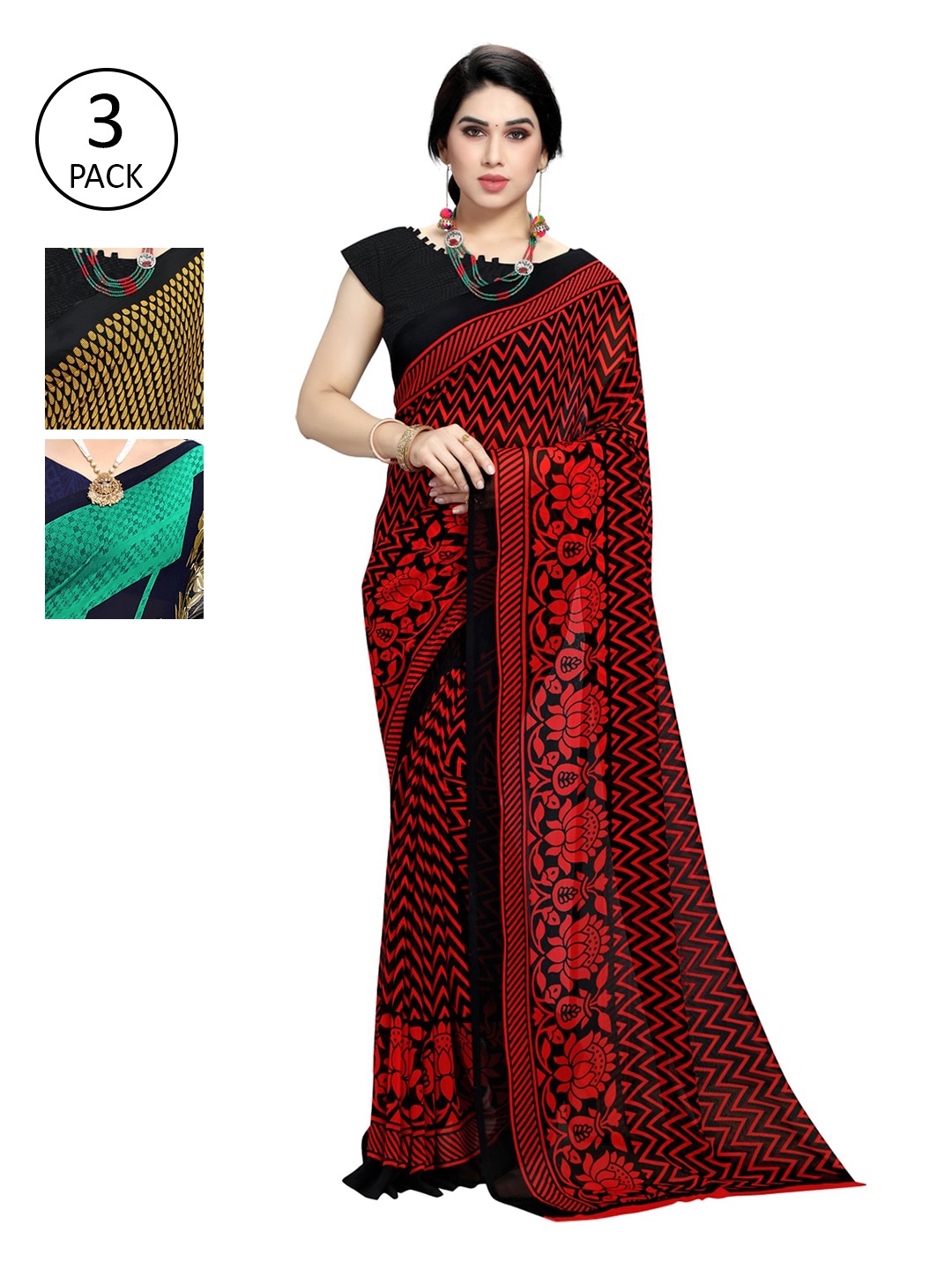 

KALINI Multicolour Printed Georgette Daily Wear Sarees-Pack of 3, Green