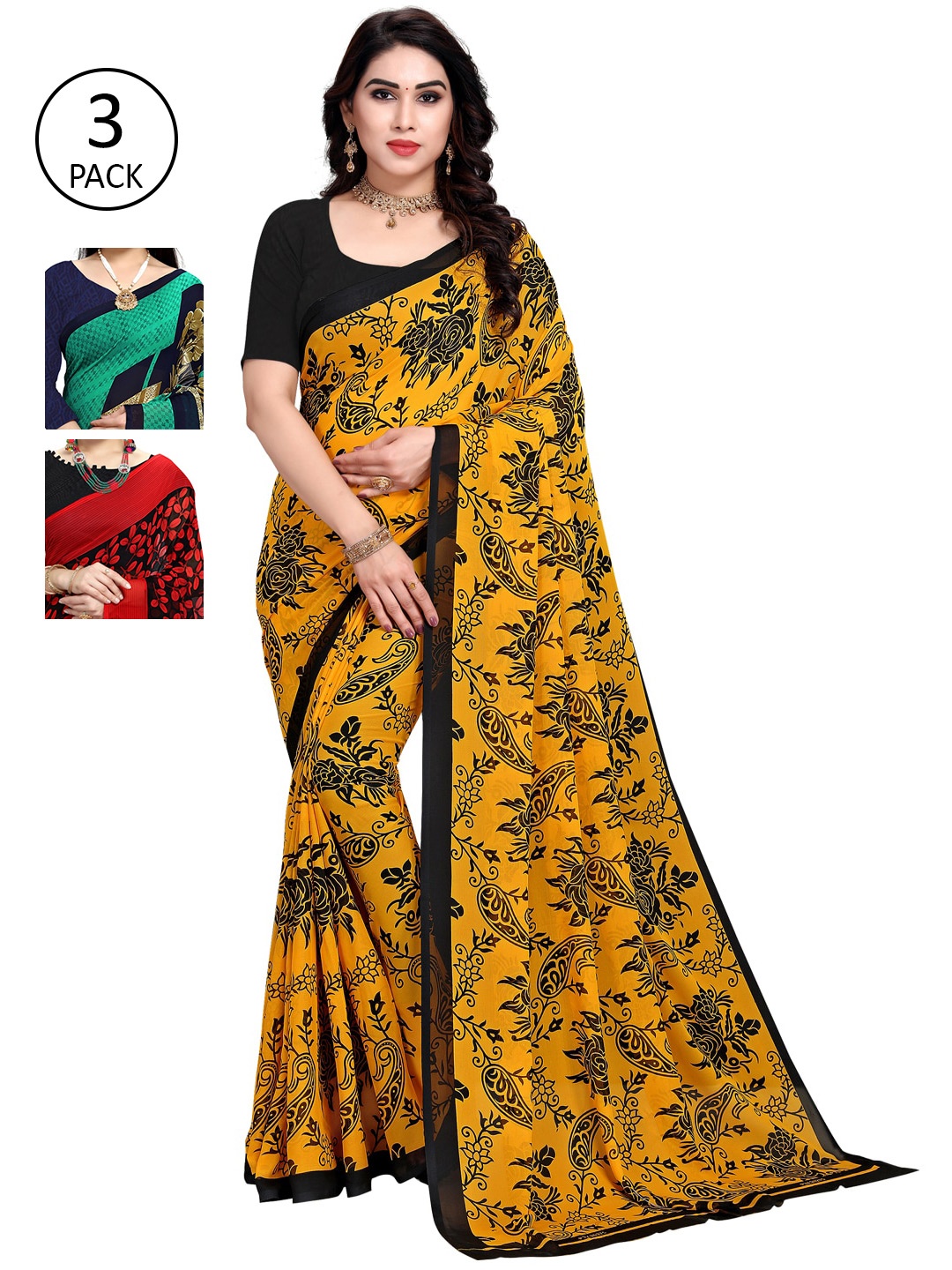 

KALINI Women Multi Colored Set of 3 Printed Poly Georgette Saree
