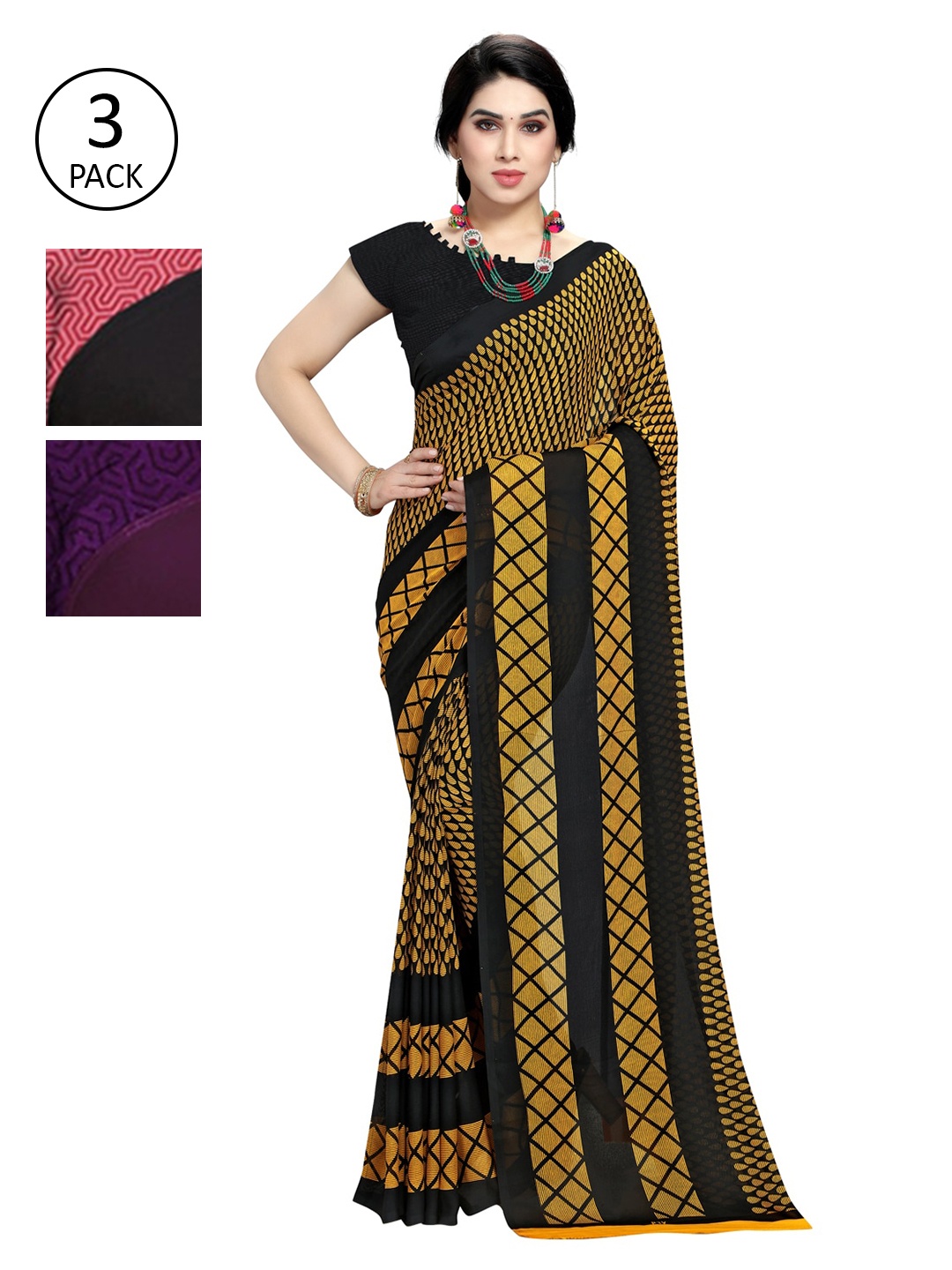 

KALINI Multicolour Printed Georgette Daily Wear Sarees-Pack of 3, Black