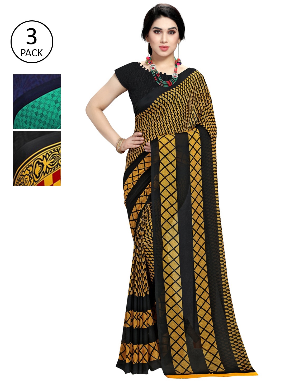

KALINI Multicolour Printed Georgette Daily Wear Sarees-Pack of 3, Green