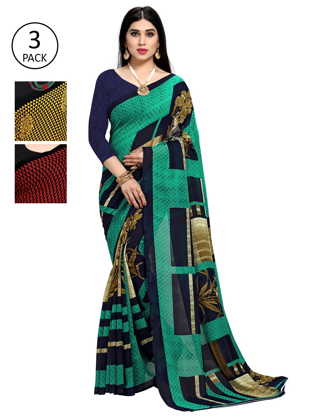 

KALINI Multicolour Printed Georgette Daily Wear Sarees-Pack of 3, Green