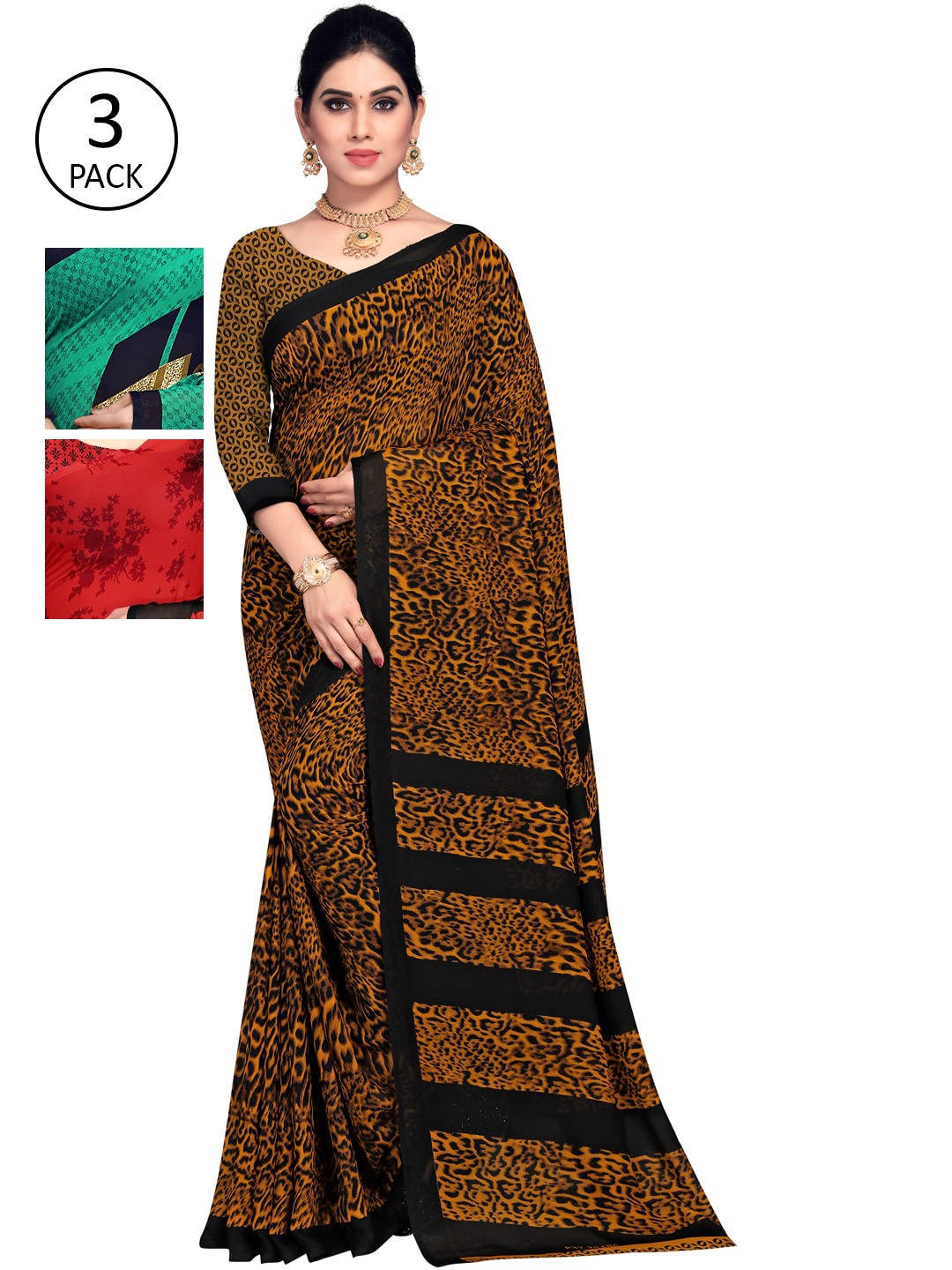 

KALINI Women Multi Colored Set of 3 Printed Poly Georgette Sarees