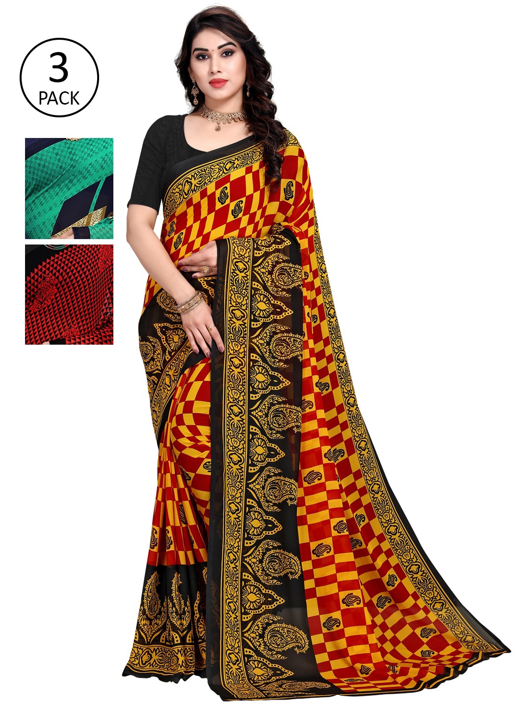 

KALINI Multicolour Printed Georgette Daily Wear Sarees-Pack of 3, Green