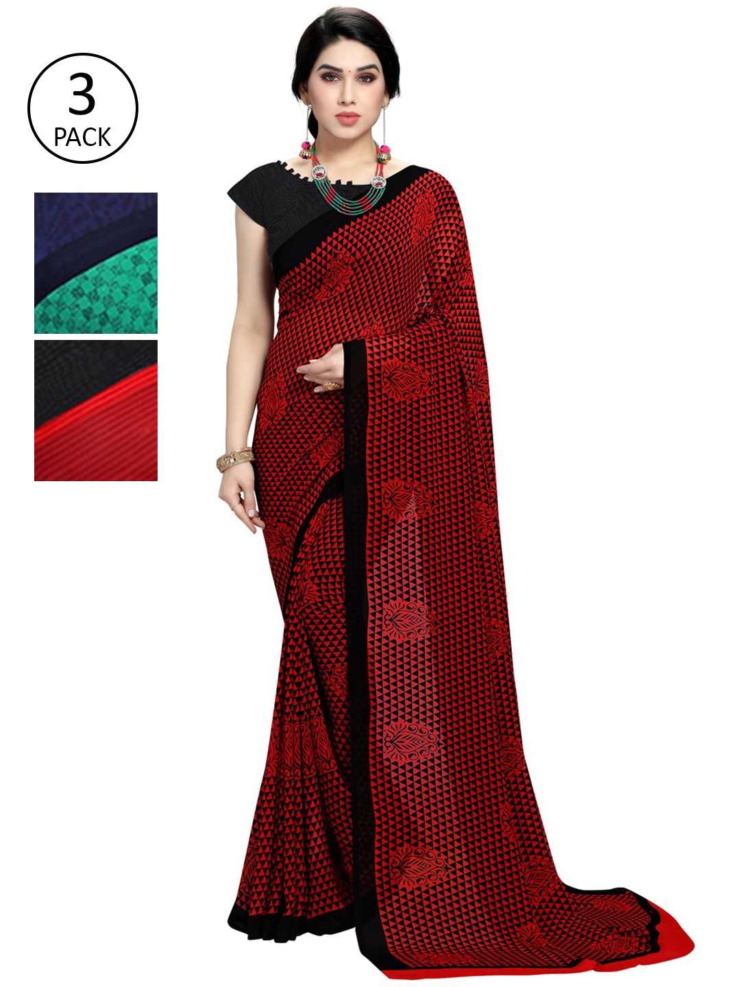 

KALINI Women Multi Colored Set of 3 Printed Poly Georgette Sarees