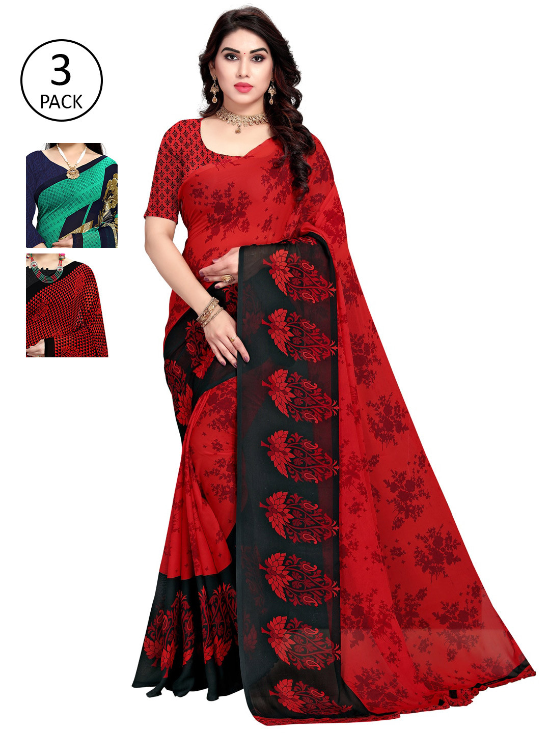 

KALINI Women Pack of 3 Multicoloured Poly Georgette Printed Sarees, Multi