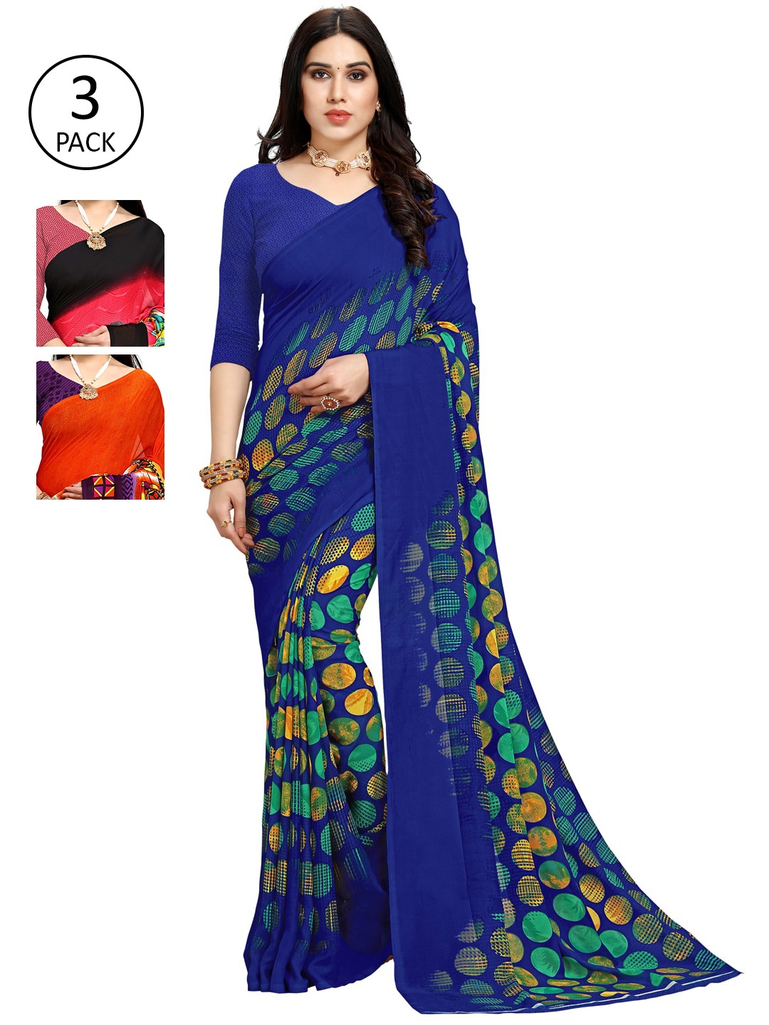 

KALINI Multicolour Printed Georgette Daily Wear Sarees-Pack of 3, Black