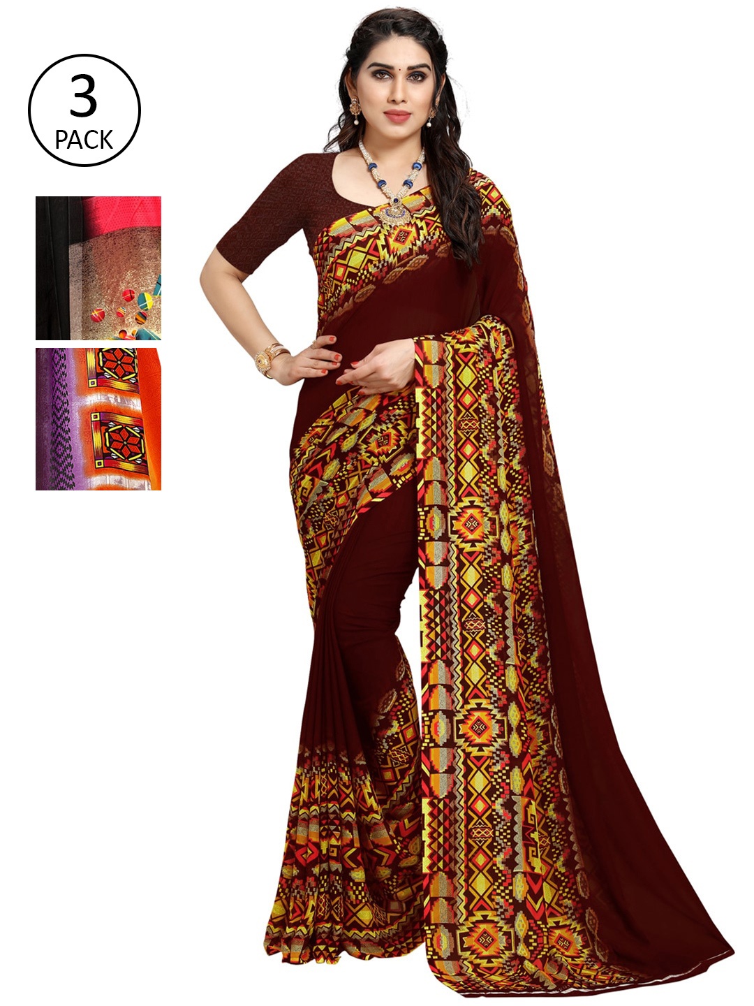 

KALINI Multicoloured Set of 3 Poly Georgette Saree, Orange