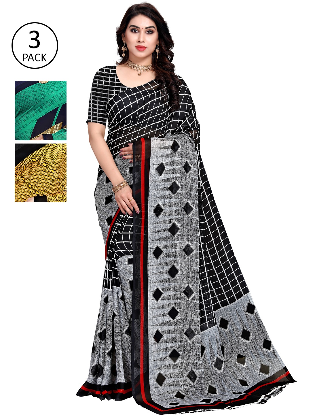 

KALINI Multicolour Printed Georgette Daily Wear Sarees-Pack of 3, Yellow