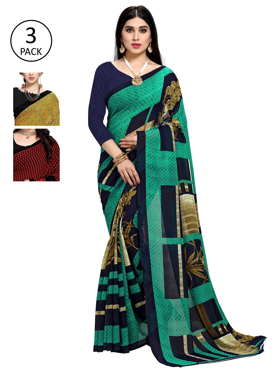 

KALINI Women Multi Colored Set of 3 Printed Poly Georgette Sarees