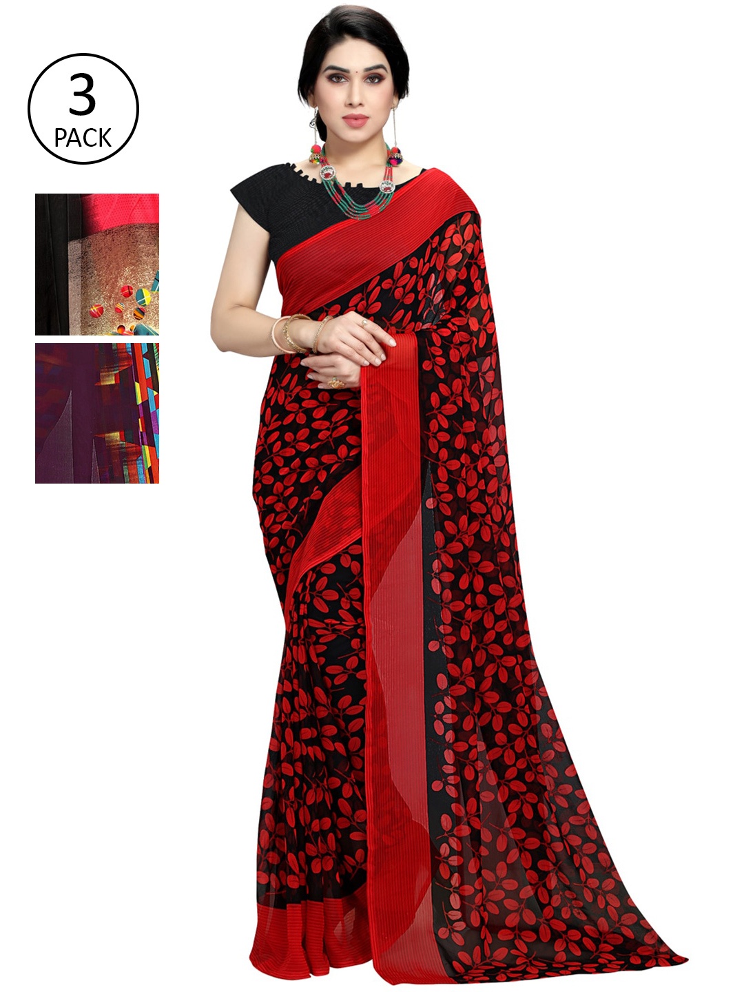 

KALINI Multicoloured Set of 3 Poly Georgette Saree, Purple