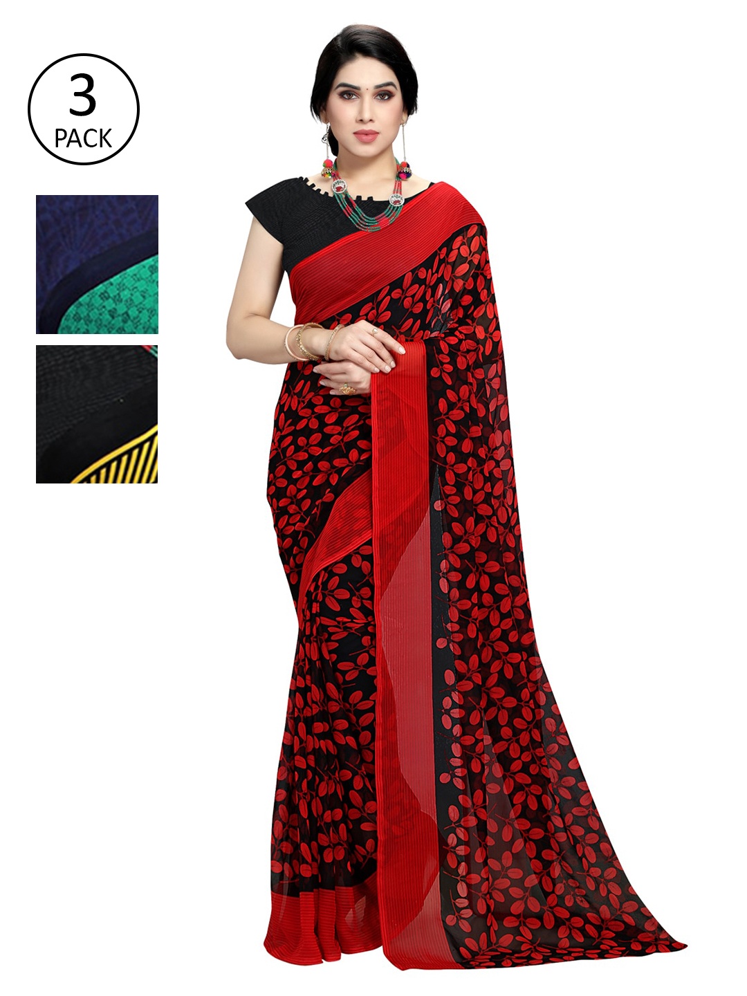 

KALINI Multicolour Printed Georgette Daily Wear Sarees-Pack of 3, Green