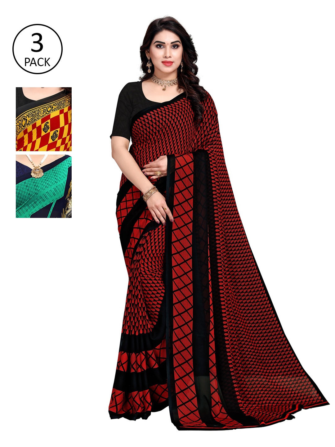 

KALINI Women Multi Colored Set of 3 Printed Poly Georgette Sarees