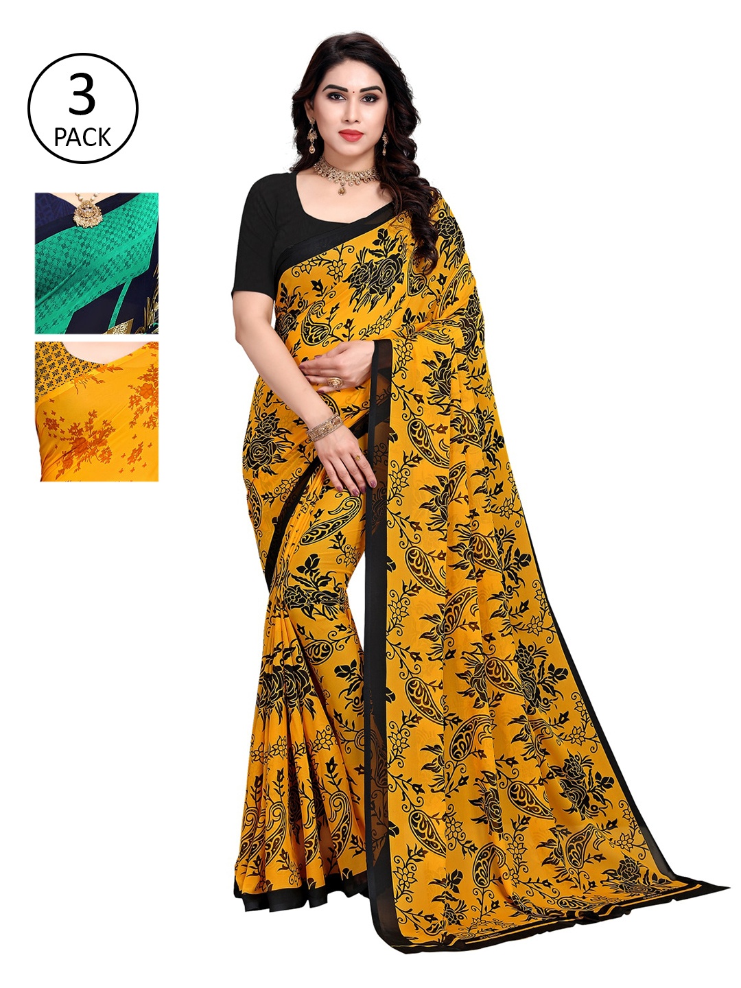

KALINI Multicolour Printed Georgette Daily Wear Sarees-Pack of 3, Yellow