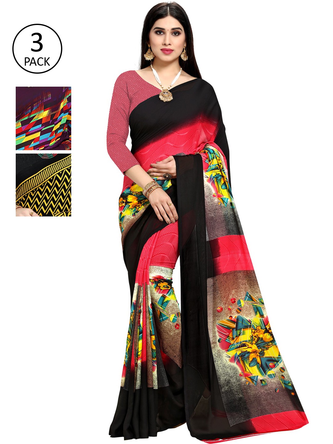 

KALINI Set of 3 Poly Georgette Saree, Multi
