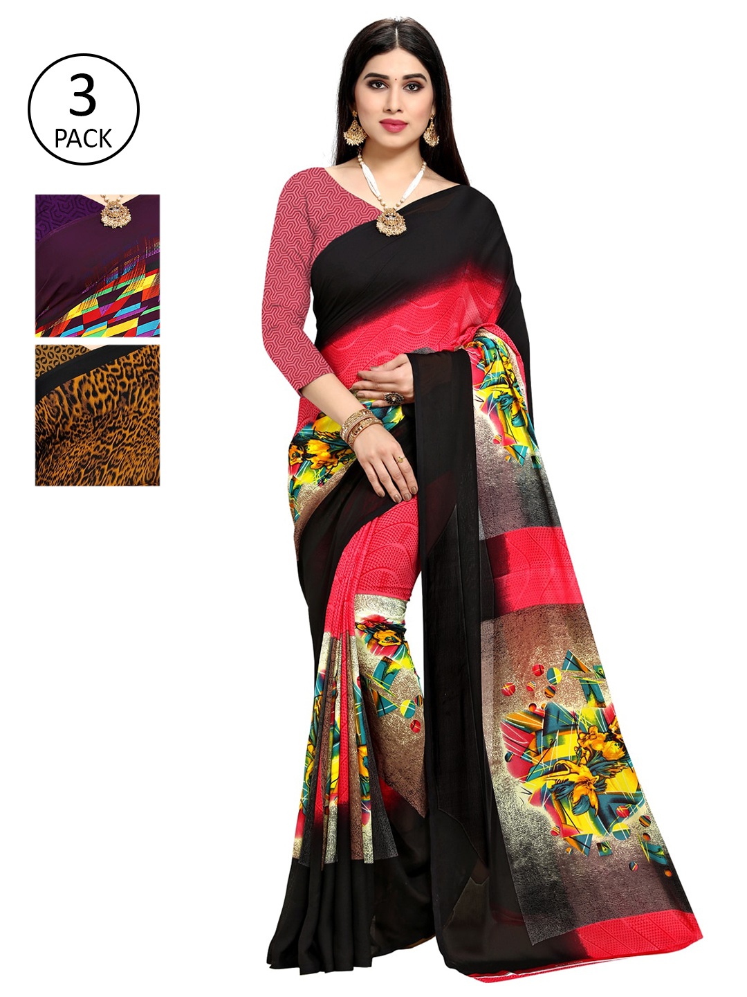 

KALINI Women Multi Colored Set of 3 Printed Poly Georgette Sarees