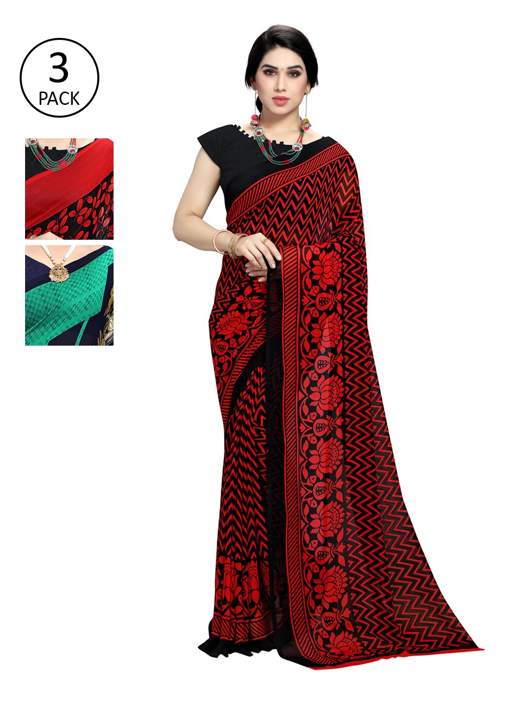 

KALINI Multicolour Printed Georgette Daily Wear Sarees-Pack of 3, Red