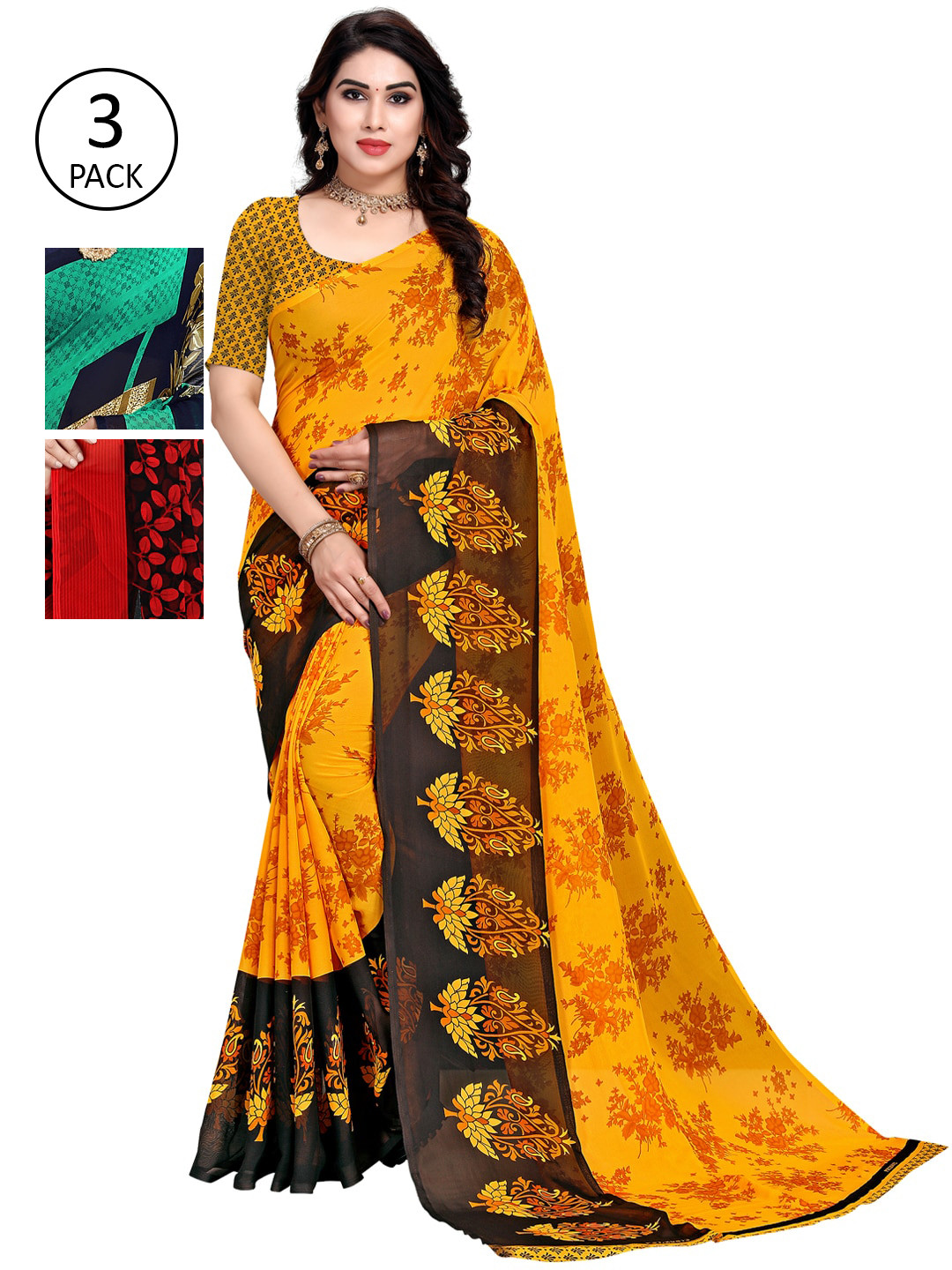 

KALINI Pack Of 3 Yellow & Green Saree