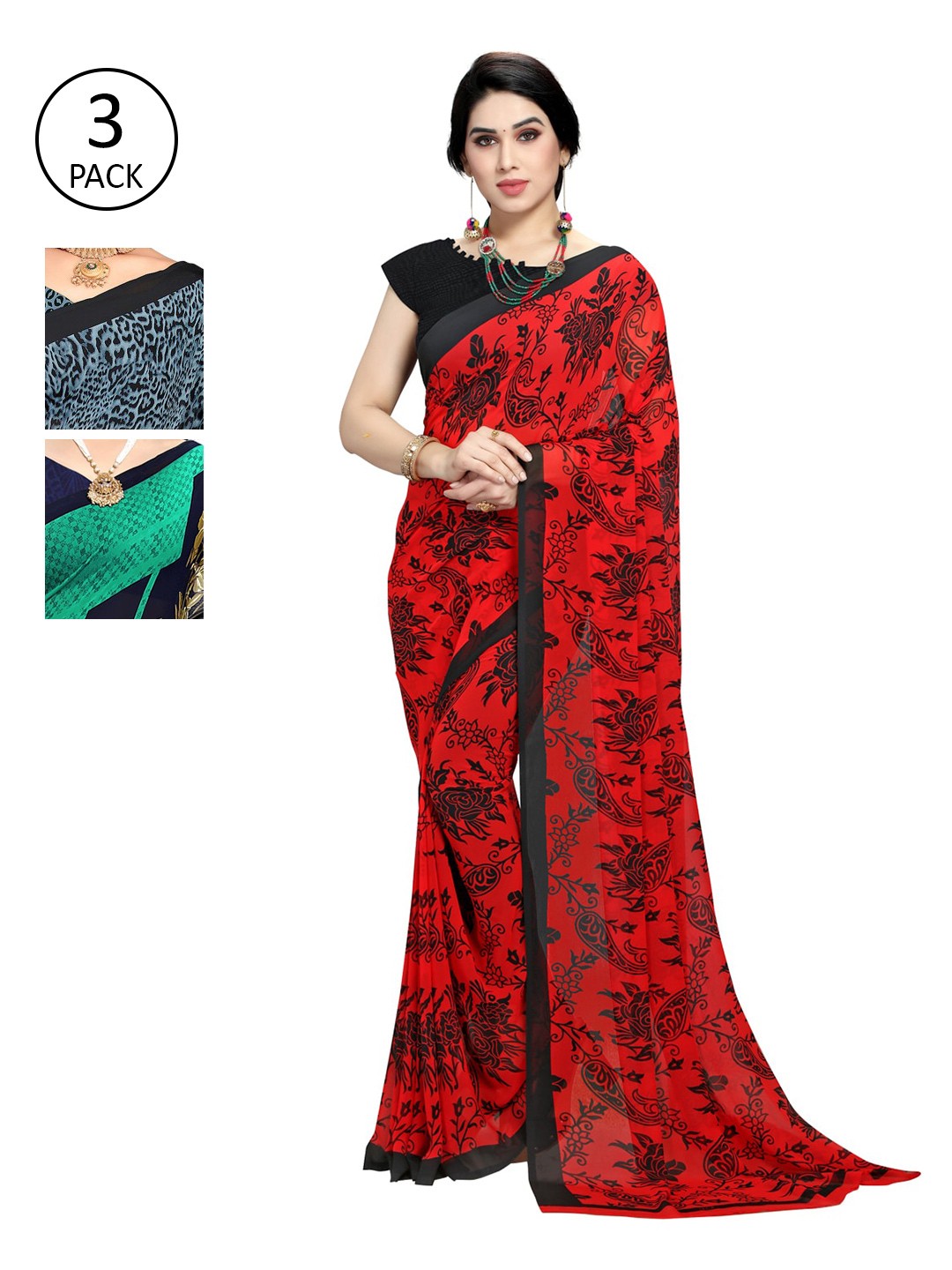 

KALINI Women Multi Colored Set of 3 Printed Poly Georgette Saree