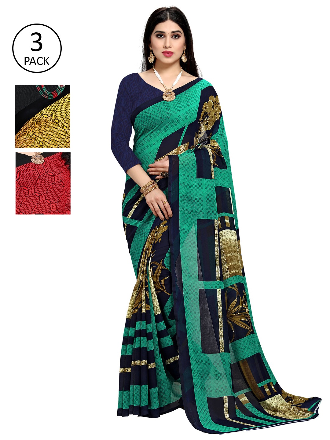 

KALINI Multicolour Printed Georgette Daily Wear Sarees-Pack of 3, Green