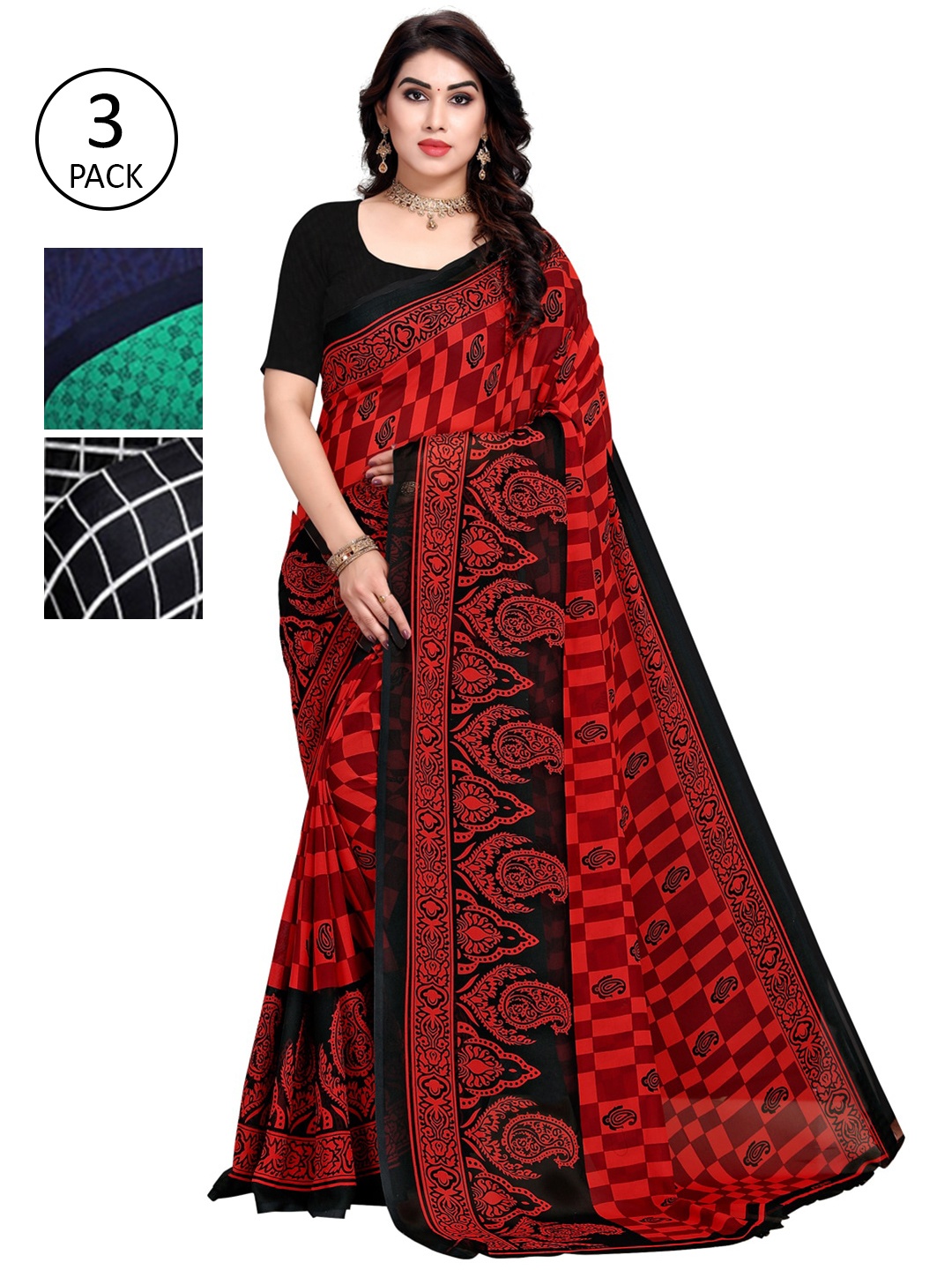 

KALINI Multicolour Printed Georgette Daily Wear Sarees-Pack of 3, Navy blue