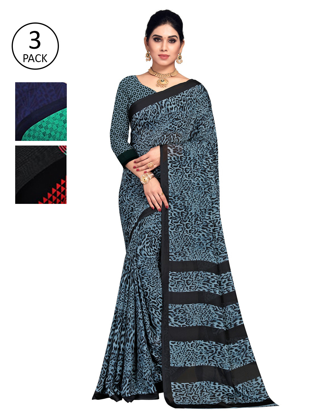 

KALINI Multicoloured Set of 3 Poly Georgette Saree, Red