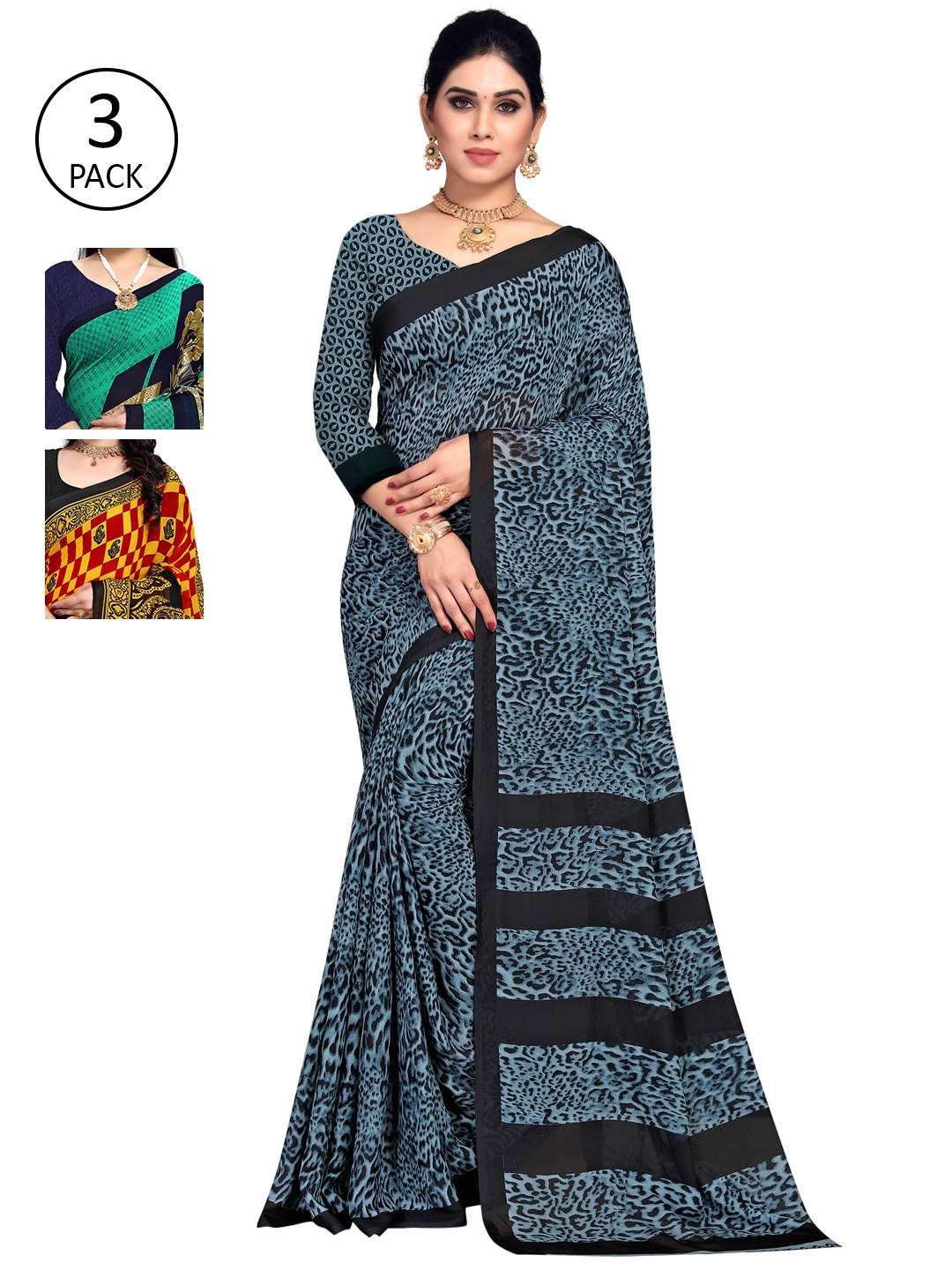 

KALINI Women Multi Colored Set of 3 Printed Poly Georgette Saree