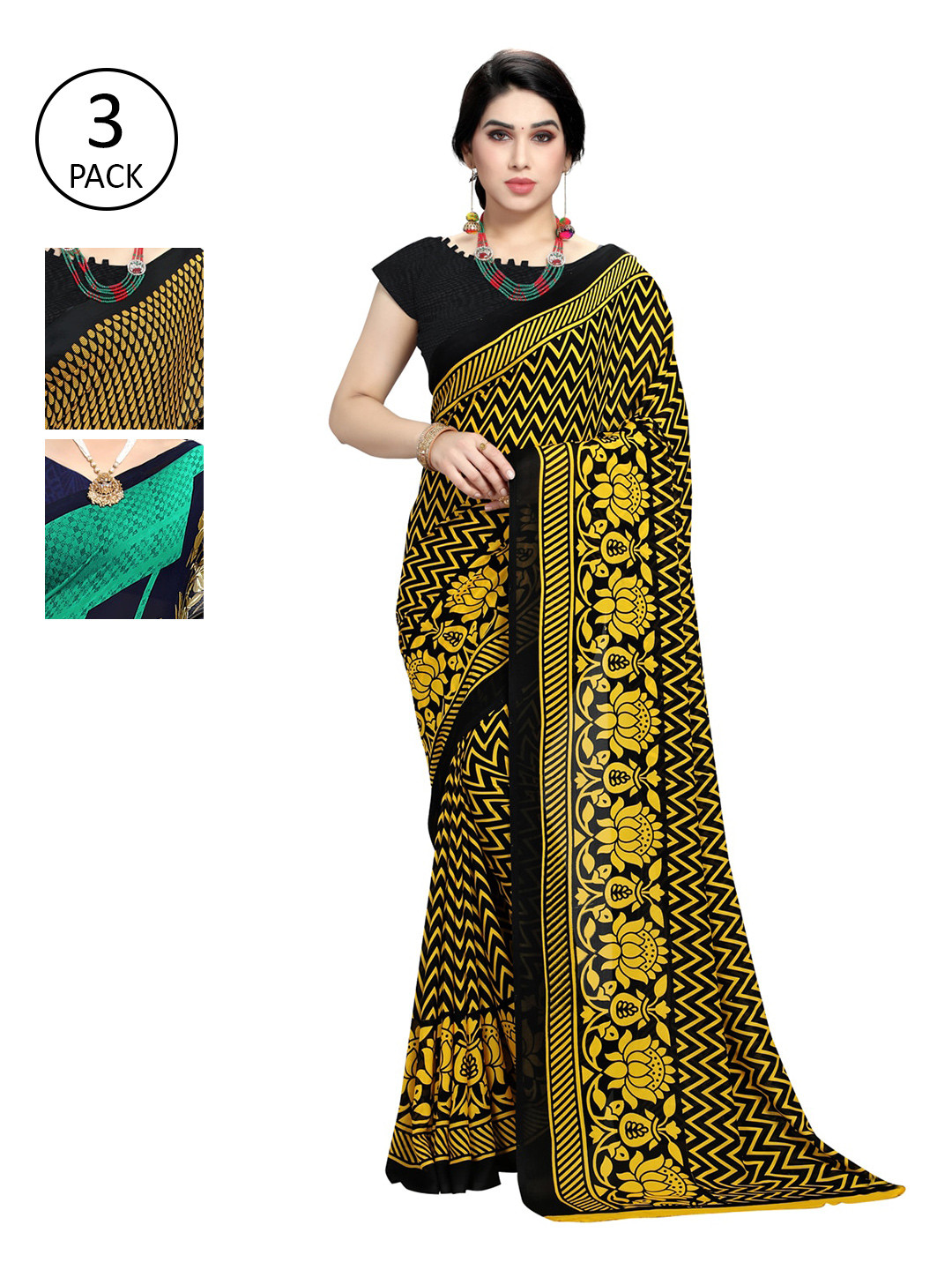 

KALINI Pack of 3 Navy Blue & Green Printed Poly Georgette Sarees