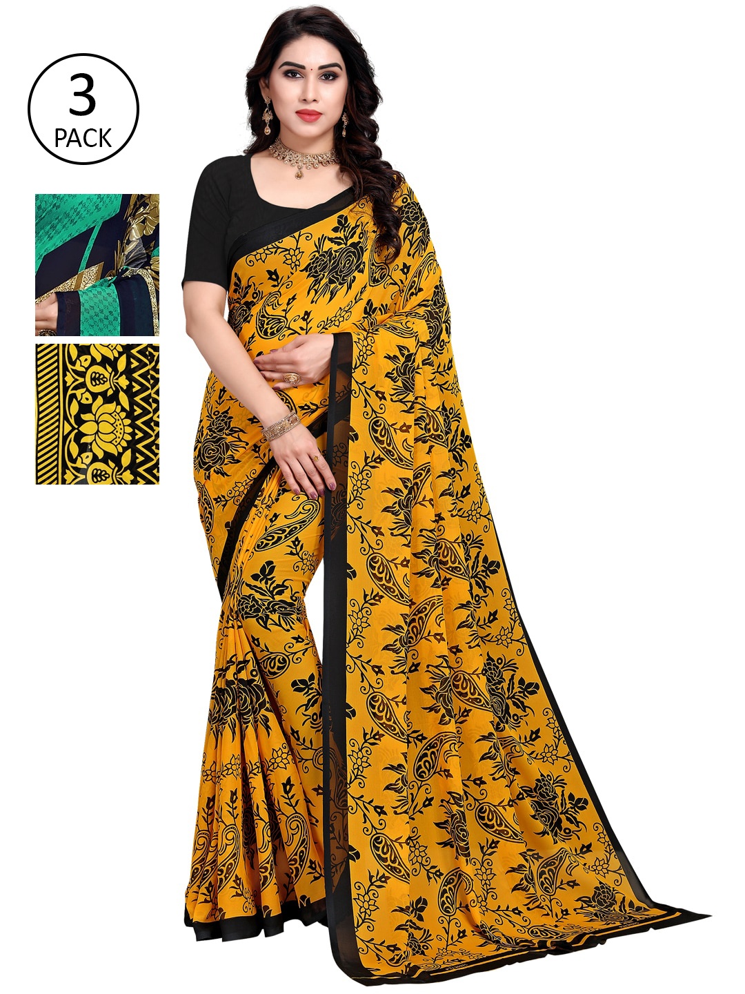 

KALINI Pack of 3 Printed Poly Georgette Sarees, Multi