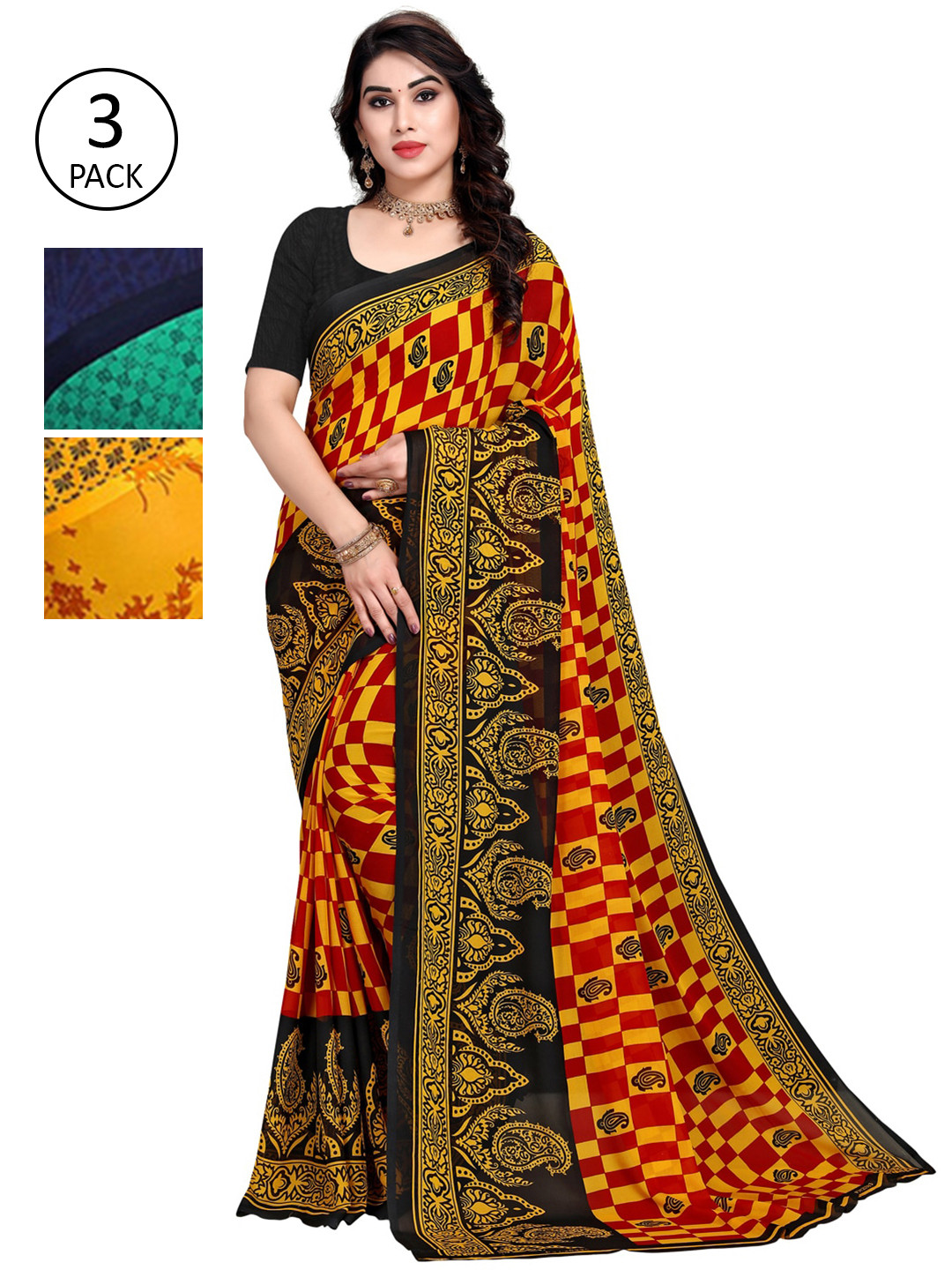 

KALINI Pack of 3 Poly Georgette Saree, Green