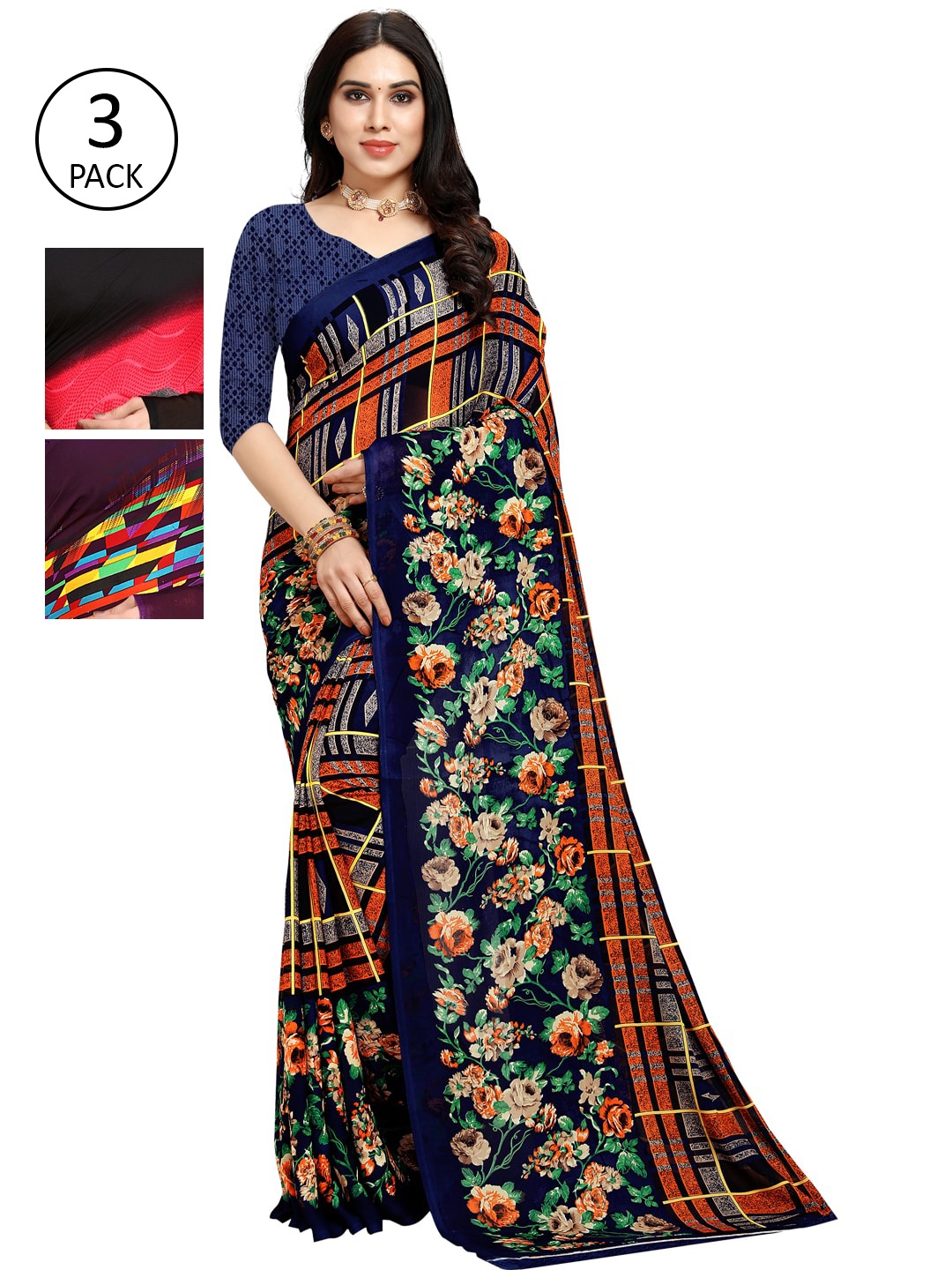 

KALINI Pack Of 3 Printed Poly Georgette Sarees, Navy blue