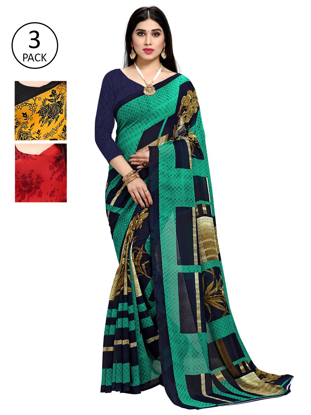 

KALINI Pack Of 3 Yellow & Green Saree