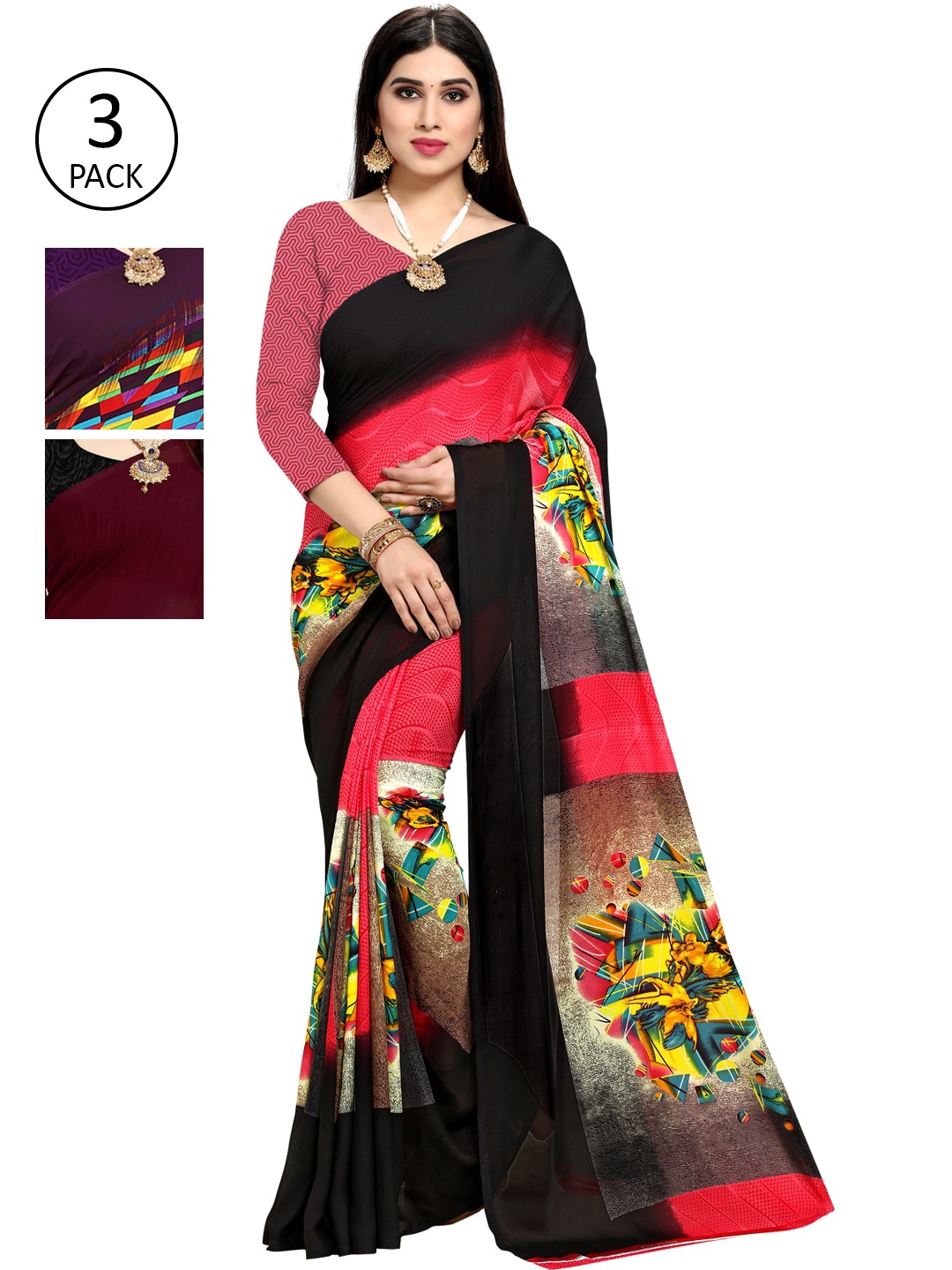 

KALINI Pack of 3 Black & Pink Printed Poly Georgette Sarees