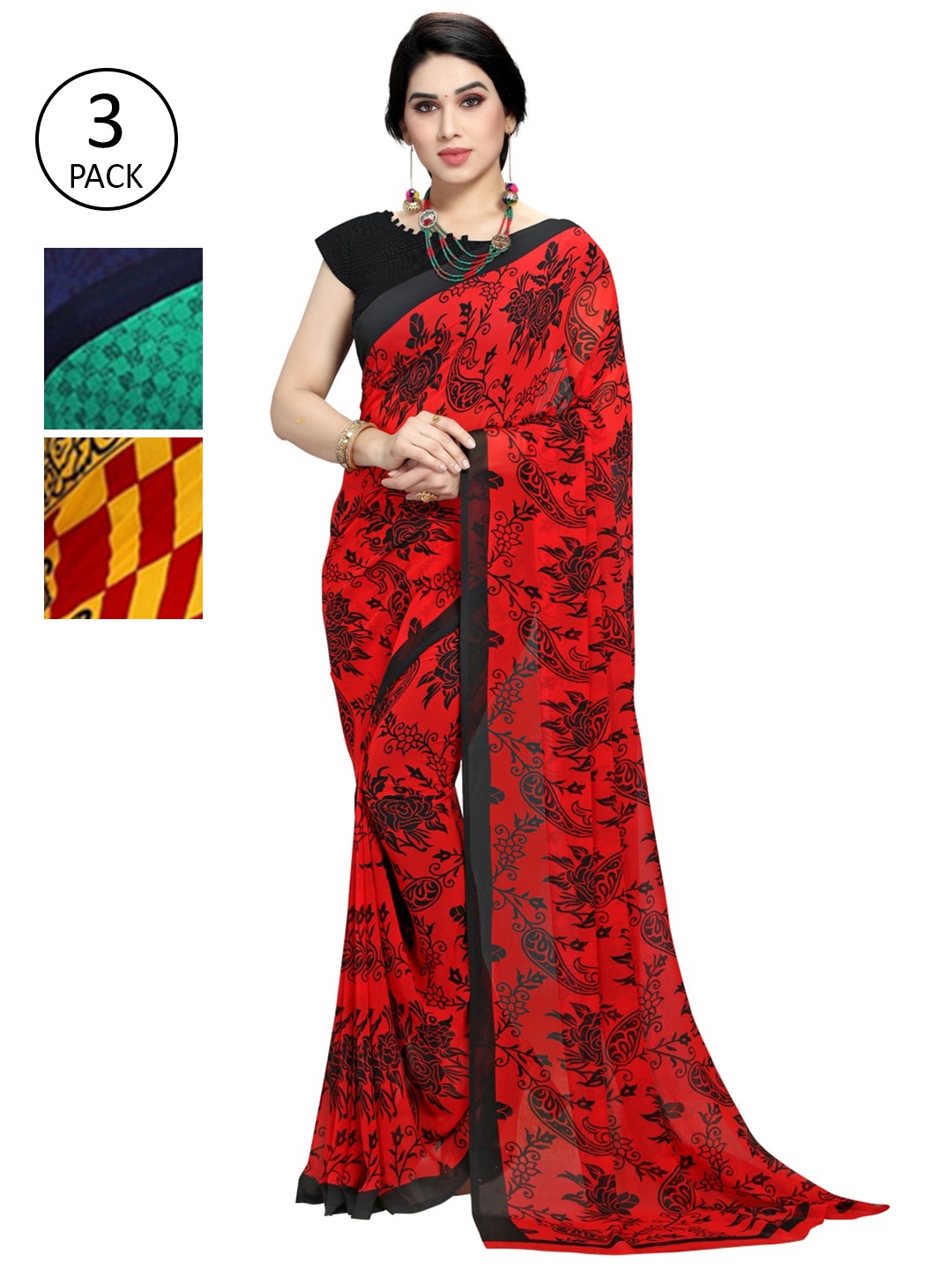 

KALINI Pack of 3 Printed Poly Georgette Sarees, Multi