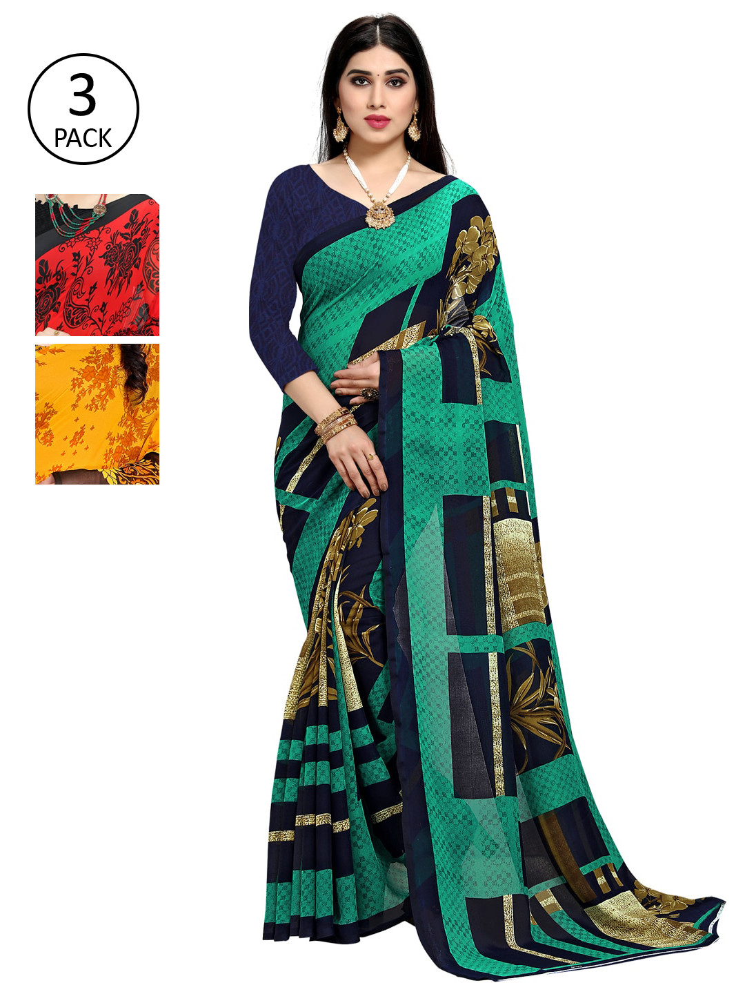 

KALINI Pack of 3 Poly Georgette Saree, Red