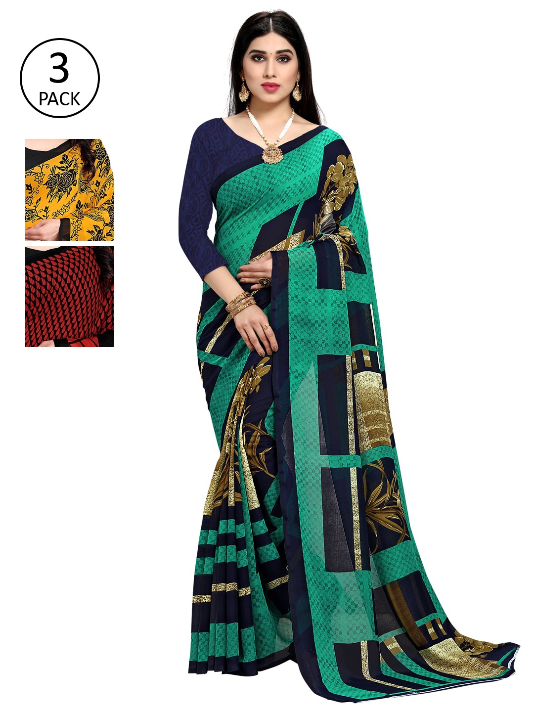 

KALINI Pack of 3 Poly Georgette Sarees, Green