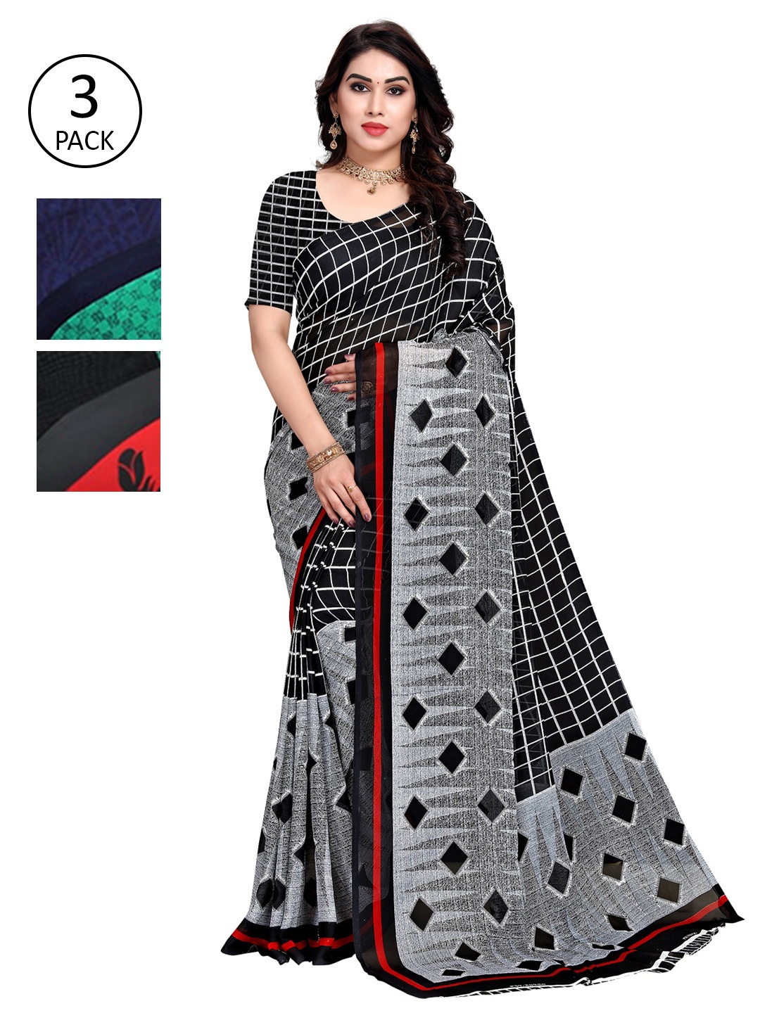 

KALINI Pack of 3 Green & Grey Printed Poly Georgette Sarees