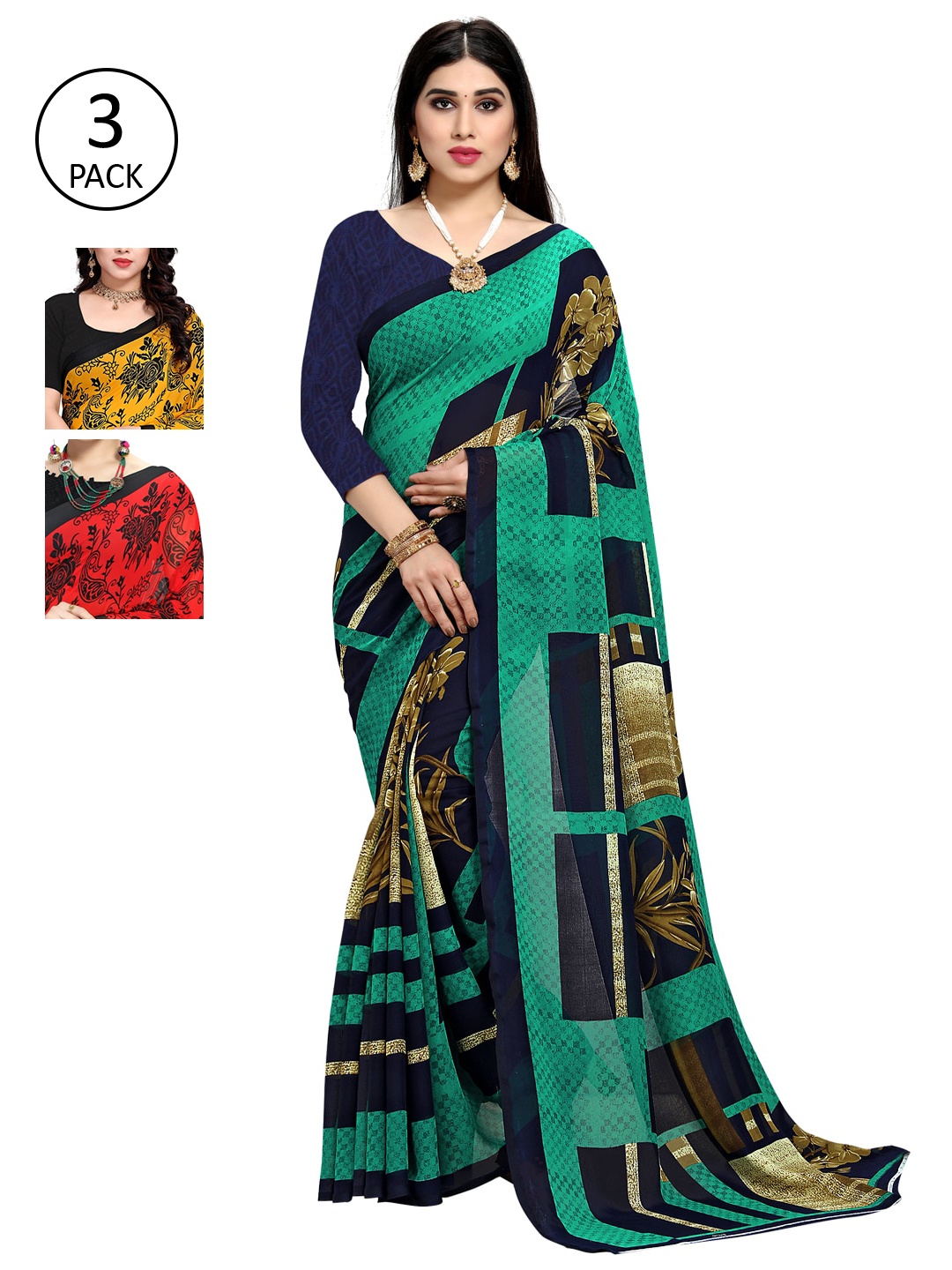 

KALINI Women Pack Of 3 Poly Georgette Printed Saree, Multi