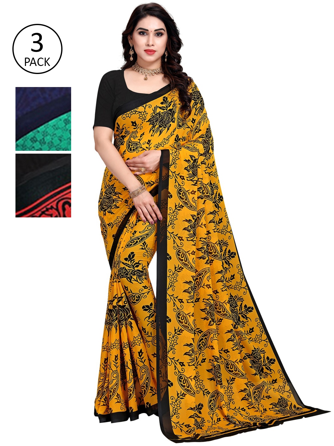 

KALINI Pack of 3 Poly Georgette Saree, Yellow