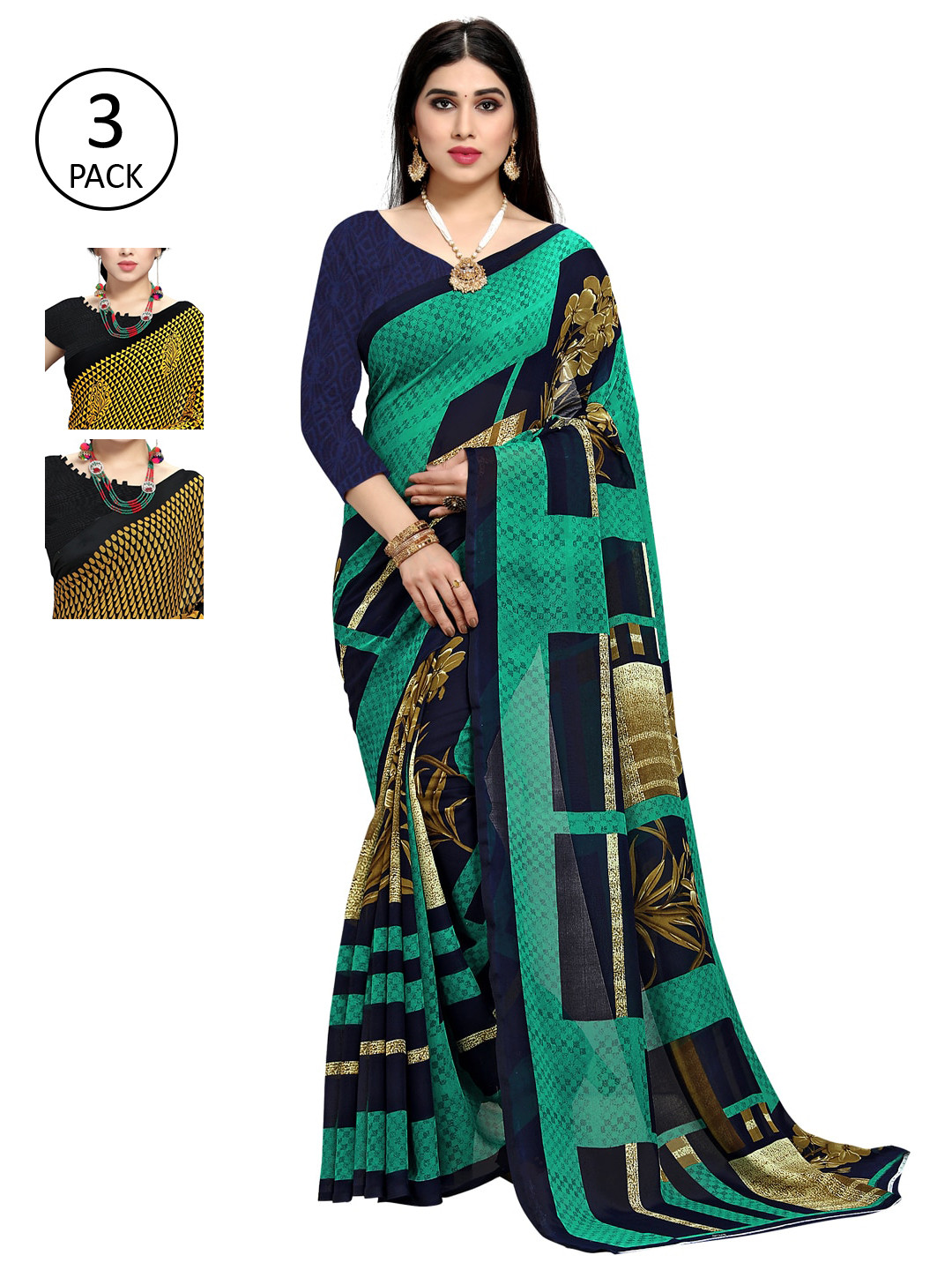 

KALINI Women Pack of 3 Multicoloured Printed Sarees, Multi