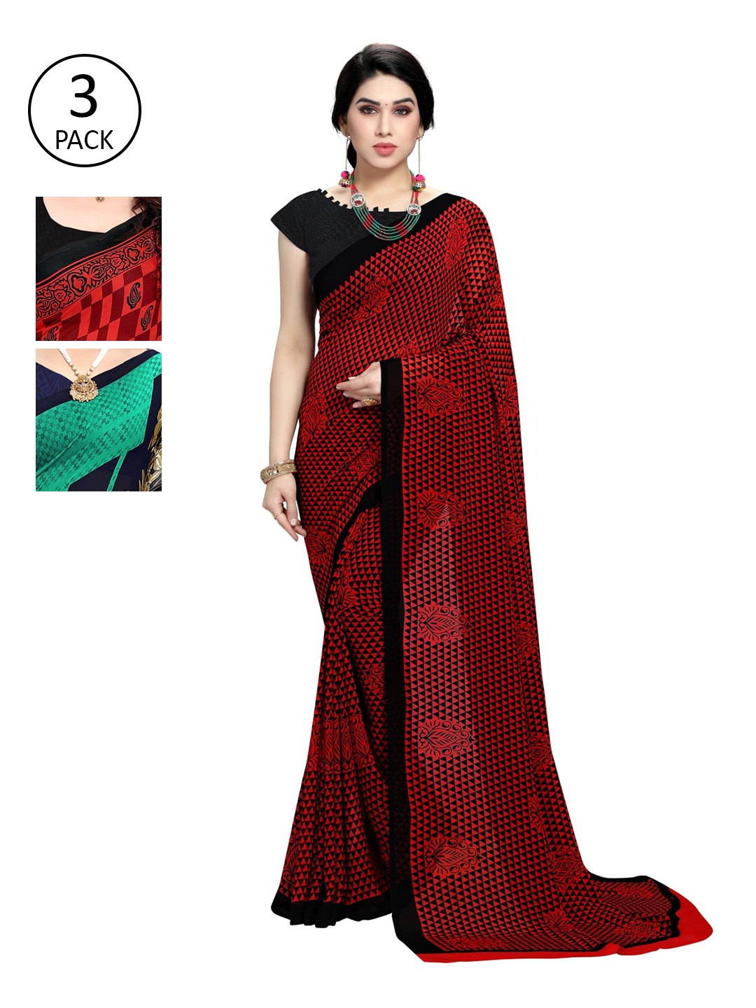 

KALINI Pack Of 3 Green & Red Saree