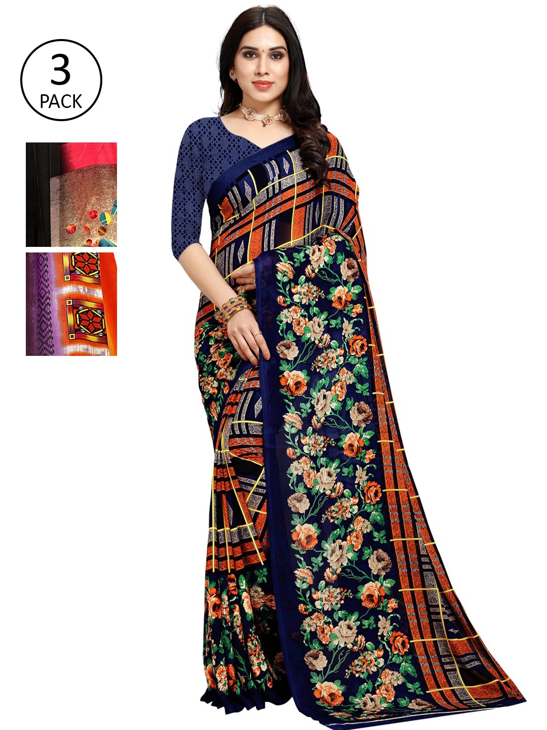 

KALINI Pack of 3 Printed Saree, Pink