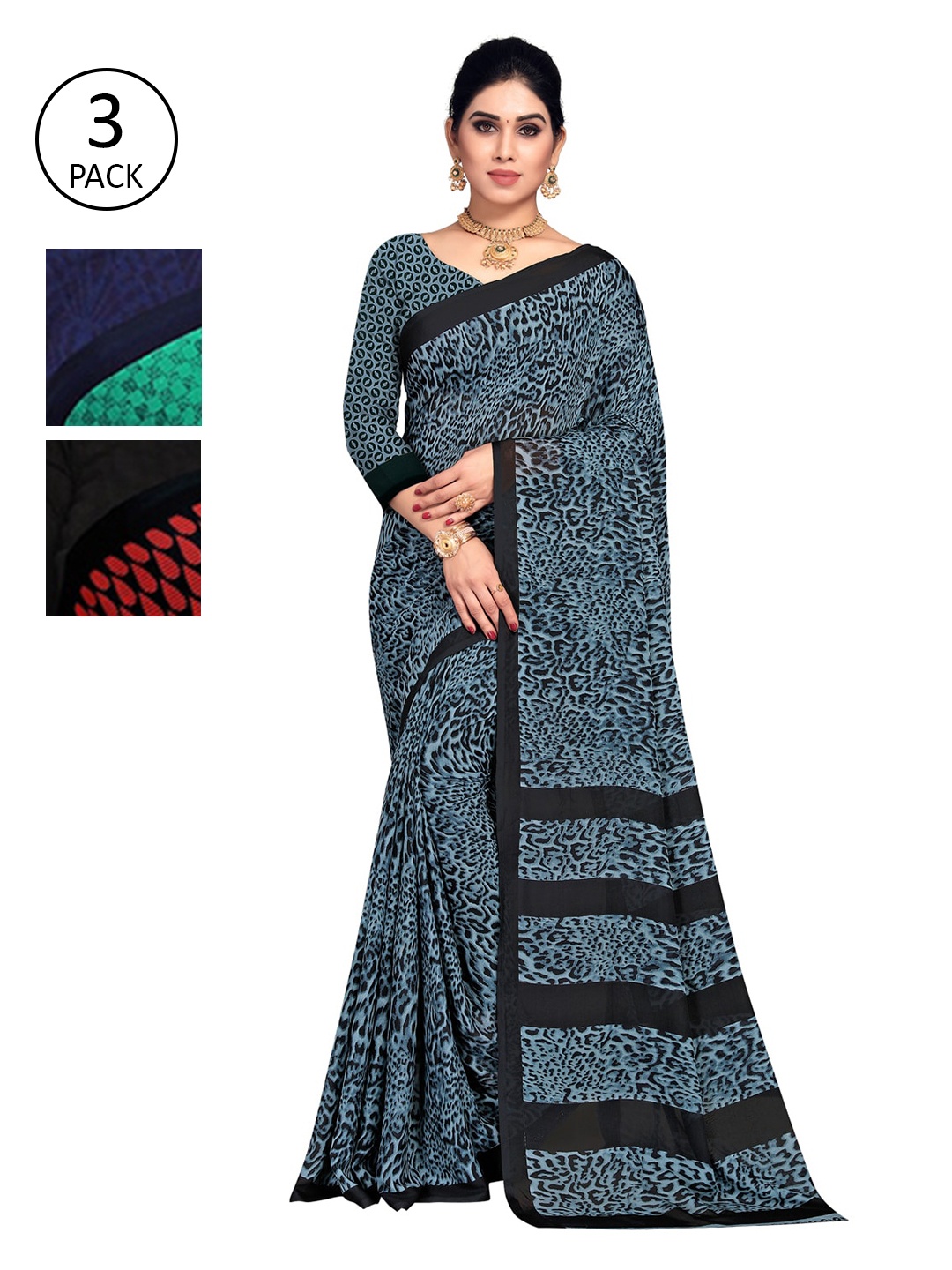 

KALINI Pack of 3 Poly Georgette Saree, Green