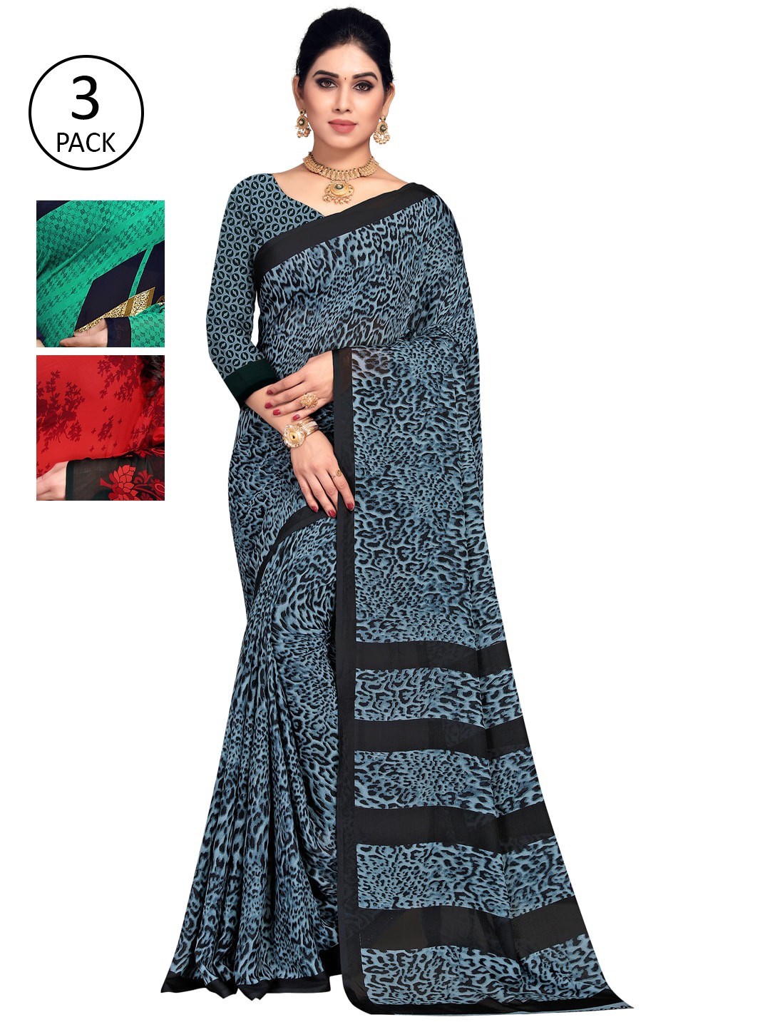 

KALINI Pack of 3 Green & Navy Blue Printed Poly Georgette Sarees