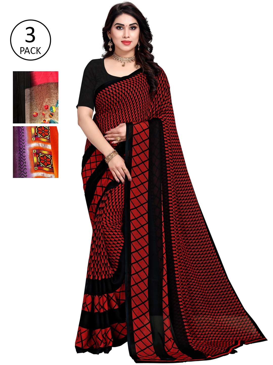

KALINI Pack of 3 Printed Poly Georgette Sarees, Multi