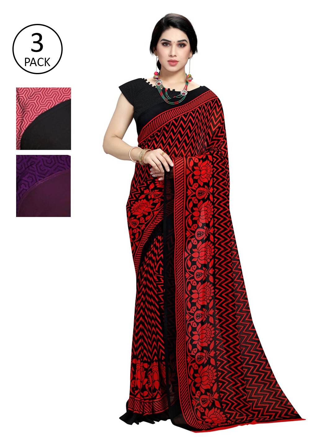 

KALINI Pack Of 3 Printed Poly Georgette Sarees, Pink