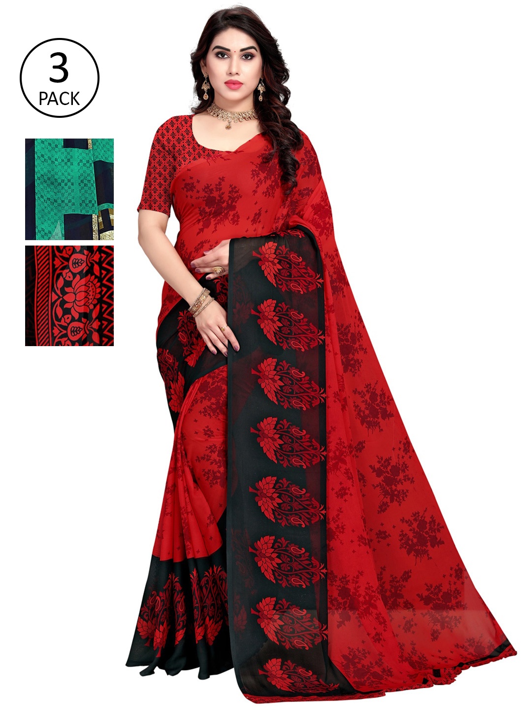 

KALINI Green & Red Pack of 3 Saree