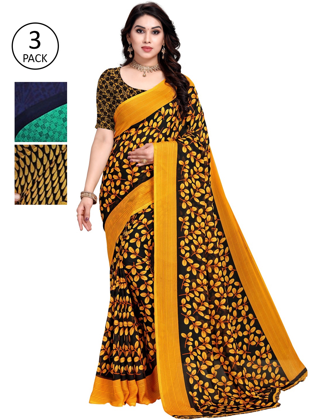 

KALINI Pack of 3 Yellow & Black Printed Poly Georgette Sarees