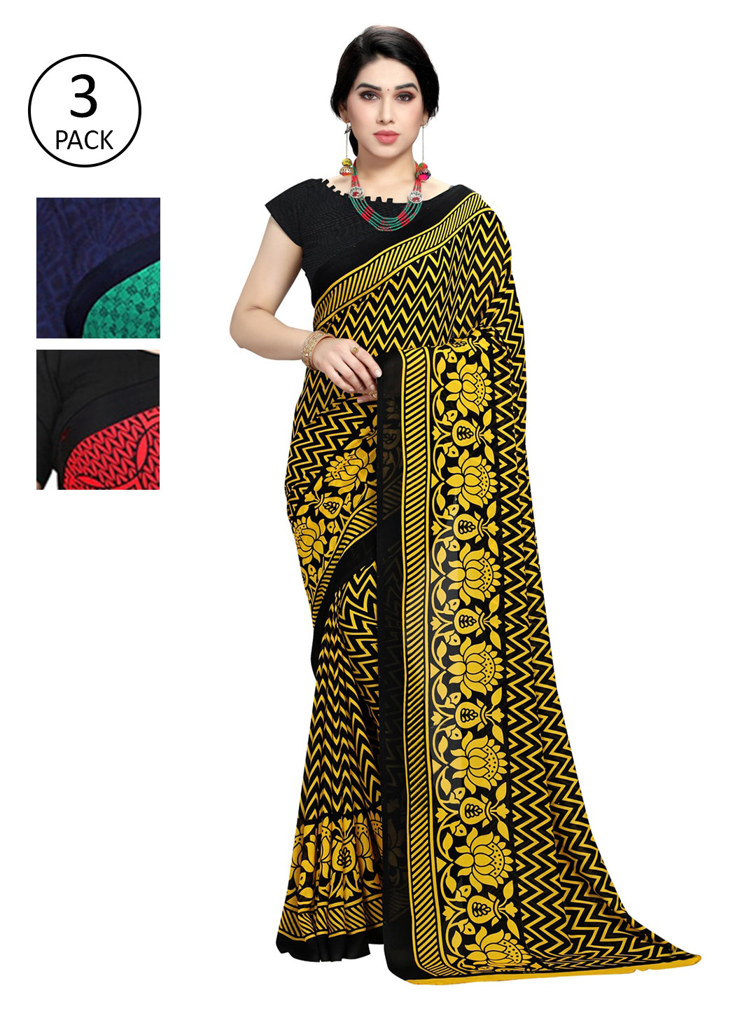 

KALINI Pack of 3 Poly Georgette Saree, Yellow