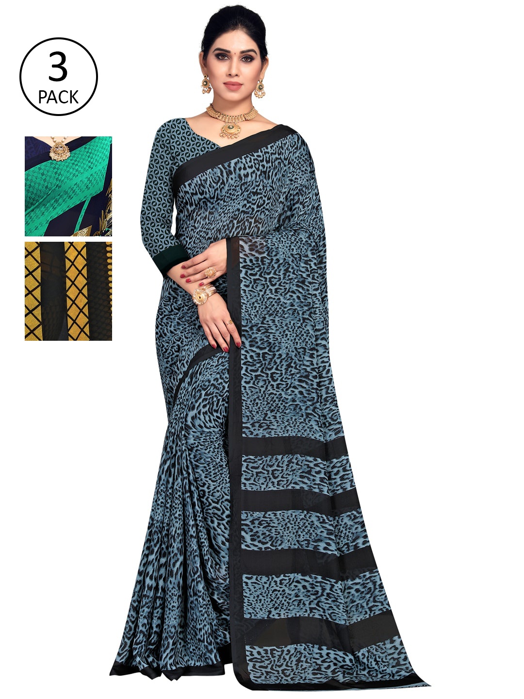 

KALINI Pack Of 3 Printed Sarees, Grey