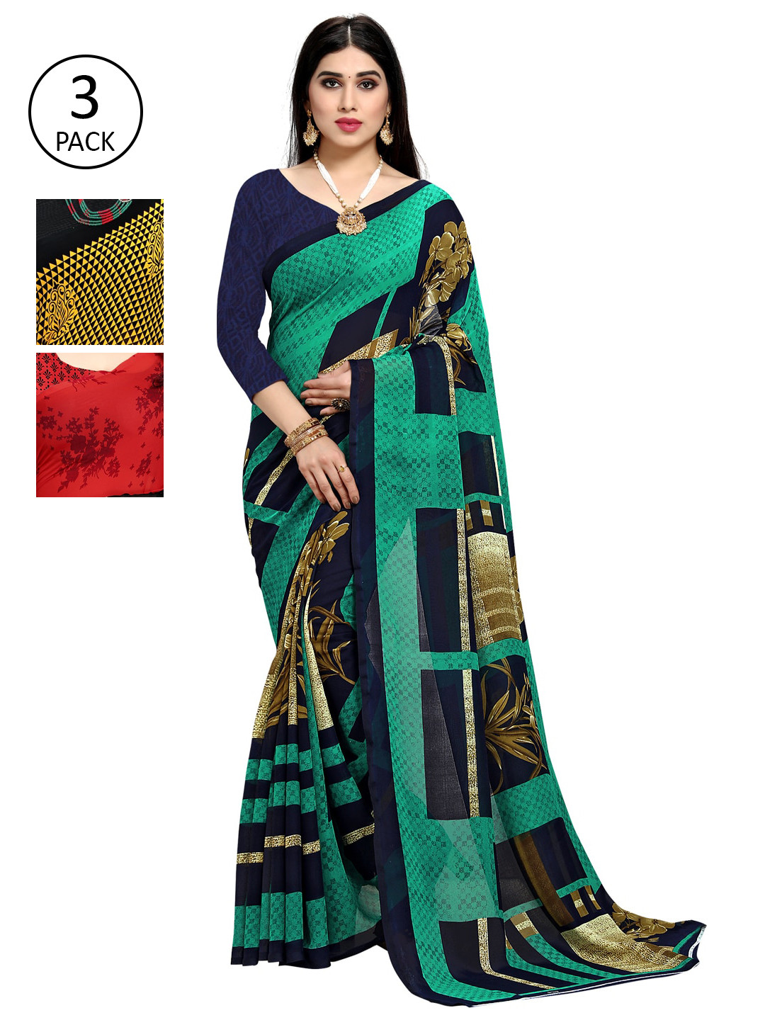 

KALINI Women Multi Printed Pack of 3 Sarees, Yellow
